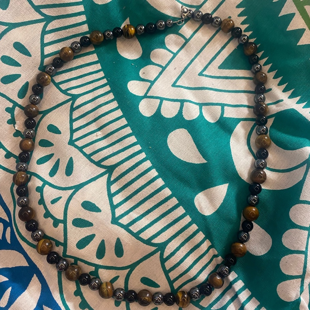 tigers eye, hematite and black obsidian necklace